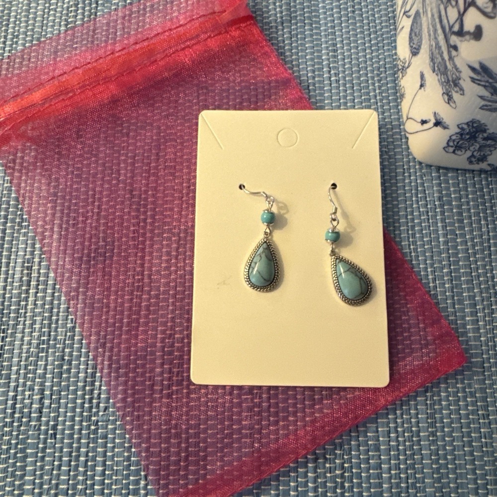 sterling silver turquoise teardrop Dangle Earrings 925 Southwestern Boho - Picture 6 of 8